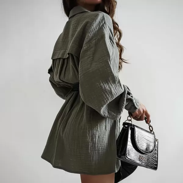 imagechouyatou Womens Cotton Midi Long Button Down Shirt Long Sleeve Loose Casual Work Blouse Top with TieArmy Green