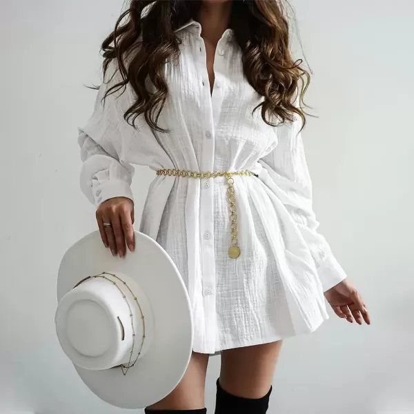 imagechouyatou Womens Cotton Midi Long Button Down Shirt Long Sleeve Loose Casual Work Blouse Top with TieWhite
