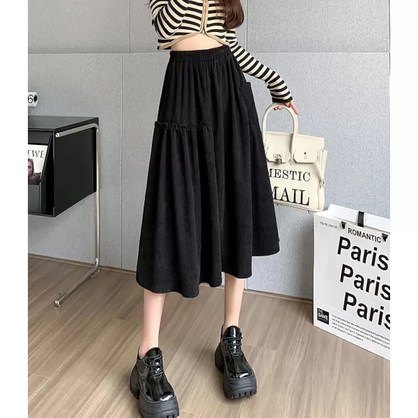 imagechouyatou Womens Elastic Waist Corduroy Skirts Vintage Frill ALine Pocket Corduroy Midi Long SkirtBlack