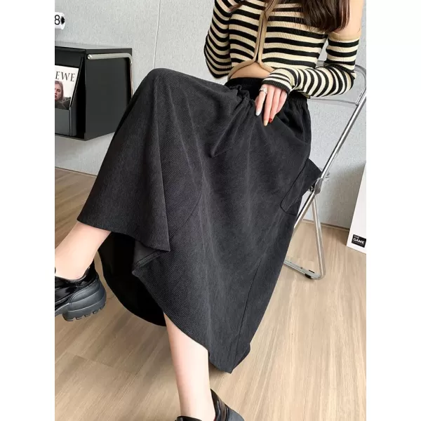 imagechouyatou Womens Elastic Waist Corduroy Skirts Vintage Frill ALine Pocket Corduroy Midi Long SkirtBlack