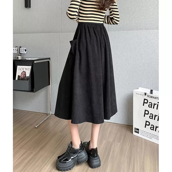 imagechouyatou Womens Elastic Waist Corduroy Skirts Vintage Frill ALine Pocket Corduroy Midi Long SkirtBlack