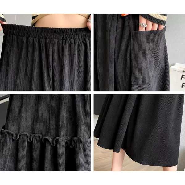 imagechouyatou Womens Elastic Waist Corduroy Skirts Vintage Frill ALine Pocket Corduroy Midi Long SkirtBlack