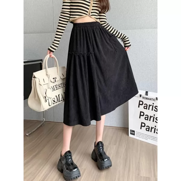 imagechouyatou Womens Elastic Waist Corduroy Skirts Vintage Frill ALine Pocket Corduroy Midi Long SkirtBlack