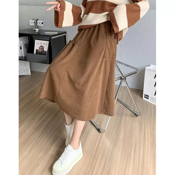 imagechouyatou Womens Elastic Waist Corduroy Skirts Vintage Frill ALine Pocket Corduroy Midi Long SkirtBrown