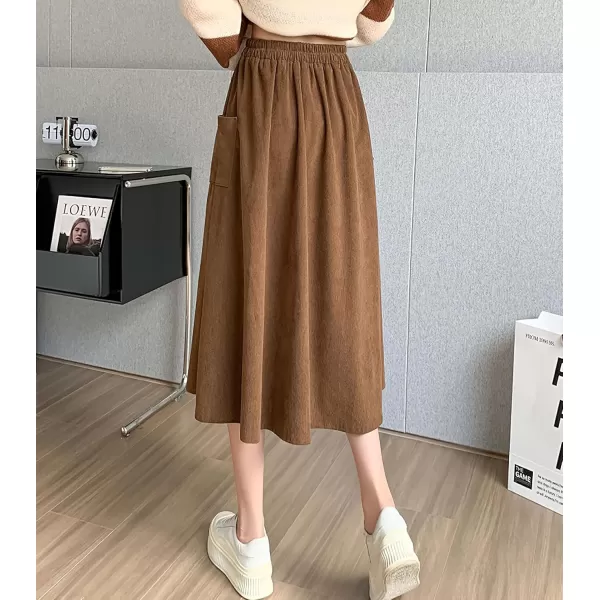 imagechouyatou Womens Elastic Waist Corduroy Skirts Vintage Frill ALine Pocket Corduroy Midi Long SkirtBrown