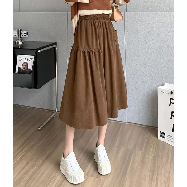 imagechouyatou Womens Elastic Waist Corduroy Skirts Vintage Frill ALine Pocket Corduroy Midi Long SkirtBrown