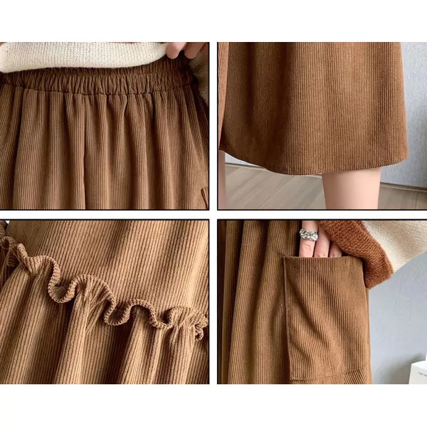 imagechouyatou Womens Elastic Waist Corduroy Skirts Vintage Frill ALine Pocket Corduroy Midi Long SkirtBrown
