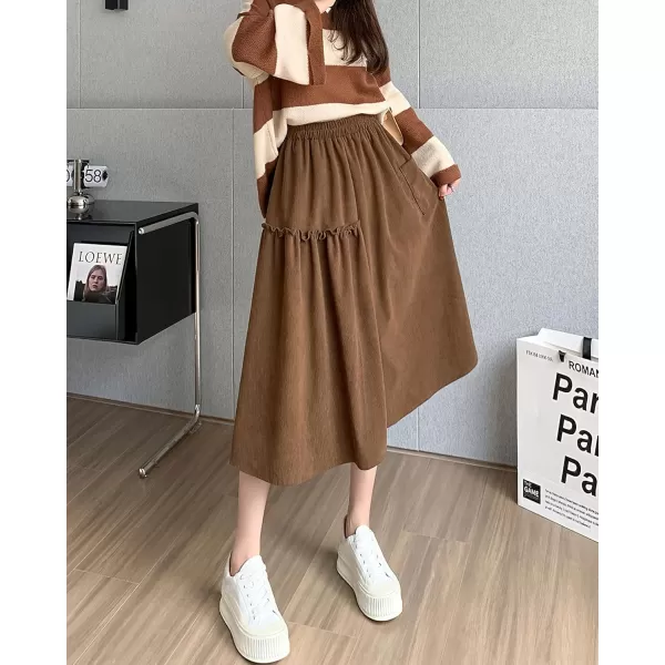 imagechouyatou Womens Elastic Waist Corduroy Skirts Vintage Frill ALine Pocket Corduroy Midi Long SkirtBrown
