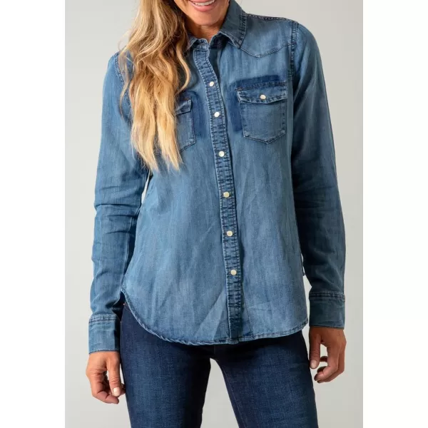 imagechouyatou Womens Fall Casual Denim Shirts Long Sleeve Button Down Washed Jean Shirt Blouse TopsDark Blue