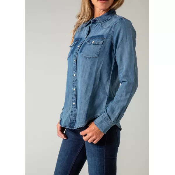imagechouyatou Womens Fall Casual Denim Shirts Long Sleeve Button Down Washed Jean Shirt Blouse TopsDark Blue