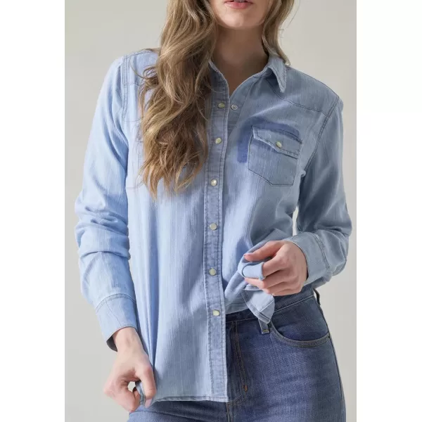 imagechouyatou Womens Fall Casual Denim Shirts Long Sleeve Button Down Washed Jean Shirt Blouse TopsLight Blue