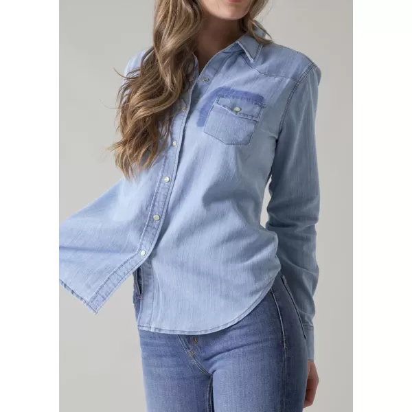 imagechouyatou Womens Fall Casual Denim Shirts Long Sleeve Button Down Washed Jean Shirt Blouse TopsLight Blue