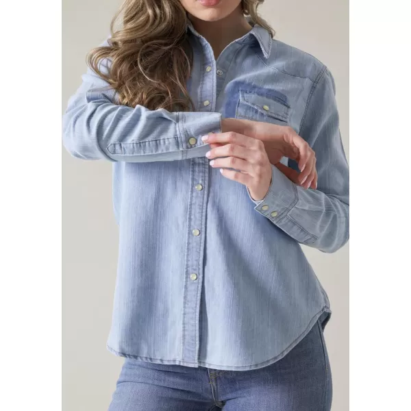 imagechouyatou Womens Fall Casual Denim Shirts Long Sleeve Button Down Washed Jean Shirt Blouse TopsLight Blue