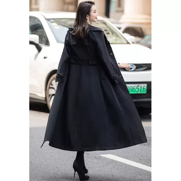 imagechouyatou Womens Fall Dressy Office Double Breasted Maxi Long Trench Coat OvercoatBlack