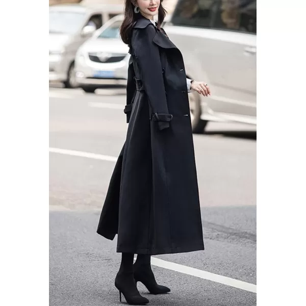 imagechouyatou Womens Fall Dressy Office Double Breasted Maxi Long Trench Coat OvercoatBlack