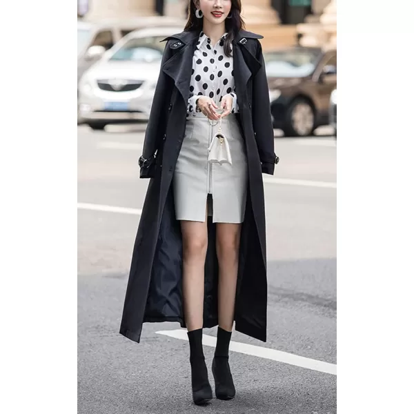 imagechouyatou Womens Fall Dressy Office Double Breasted Maxi Long Trench Coat OvercoatBlack