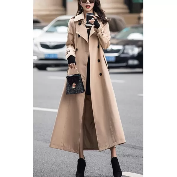 imagechouyatou Womens Fall Dressy Office Double Breasted Maxi Long Trench Coat OvercoatKhaki