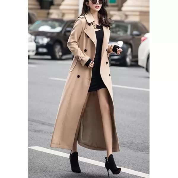 imagechouyatou Womens Fall Dressy Office Double Breasted Maxi Long Trench Coat OvercoatKhaki