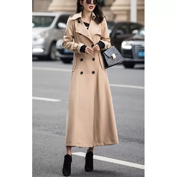 imagechouyatou Womens Fall Dressy Office Double Breasted Maxi Long Trench Coat OvercoatKhaki
