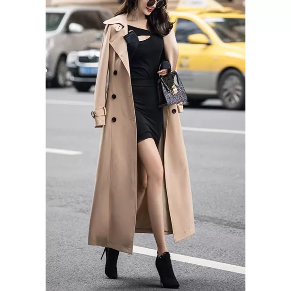 imagechouyatou Womens Fall Dressy Office Double Breasted Maxi Long Trench Coat OvercoatKhaki