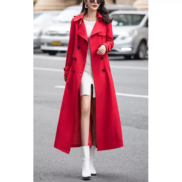 imagechouyatou Womens Fall Dressy Office Double Breasted Maxi Long Trench Coat OvercoatRed