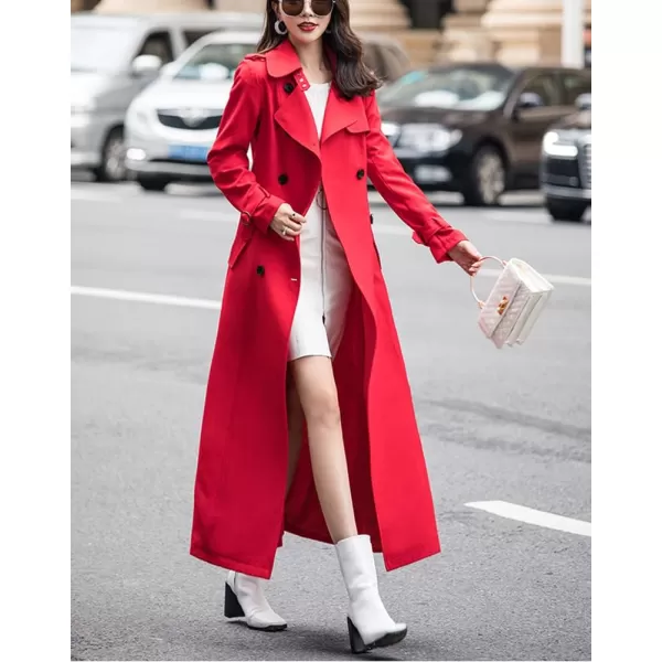 imagechouyatou Womens Fall Dressy Office Double Breasted Maxi Long Trench Coat OvercoatRed