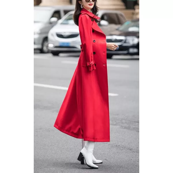 imagechouyatou Womens Fall Dressy Office Double Breasted Maxi Long Trench Coat OvercoatRed