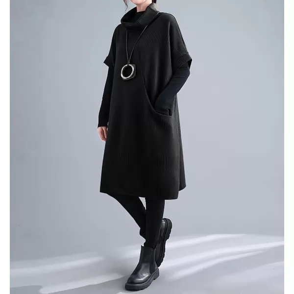 imagechouyatou Womens Fall Winter Oversized Turtleneck Midi Sweater Vest Dress Loose Knit Tunic Sweater Dress Pullover TopBlack