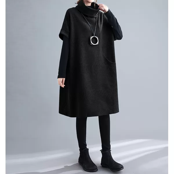 imagechouyatou Womens Fall Winter Oversized Turtleneck Midi Sweater Vest Dress Loose Knit Tunic Sweater Dress Pullover TopBlack