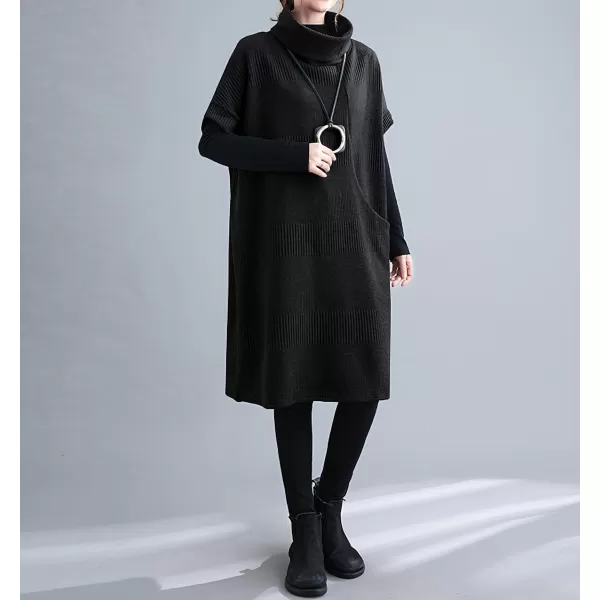 imagechouyatou Womens Fall Winter Oversized Turtleneck Midi Sweater Vest Dress Loose Knit Tunic Sweater Dress Pullover TopBlack