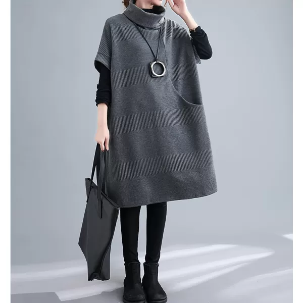 imagechouyatou Womens Fall Winter Oversized Turtleneck Midi Sweater Vest Dress Loose Knit Tunic Sweater Dress Pullover TopGrey