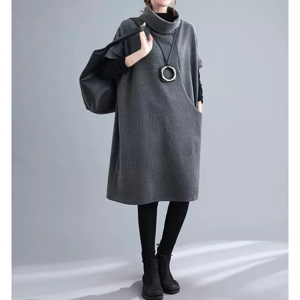 imagechouyatou Womens Fall Winter Oversized Turtleneck Midi Sweater Vest Dress Loose Knit Tunic Sweater Dress Pullover TopGrey