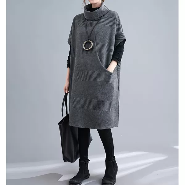 imagechouyatou Womens Fall Winter Oversized Turtleneck Midi Sweater Vest Dress Loose Knit Tunic Sweater Dress Pullover TopGrey