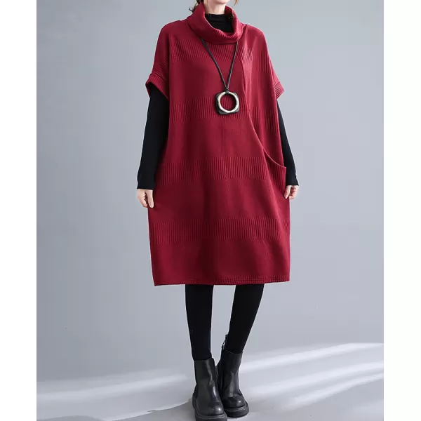 imagechouyatou Womens Fall Winter Oversized Turtleneck Midi Sweater Vest Dress Loose Knit Tunic Sweater Dress Pullover TopRed