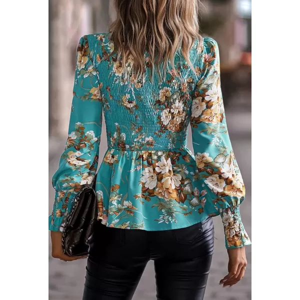 imagechouyatou Womens Floral Printed Puff Long Sleeve Flounce Boho Smocked Blouse TopsBlue