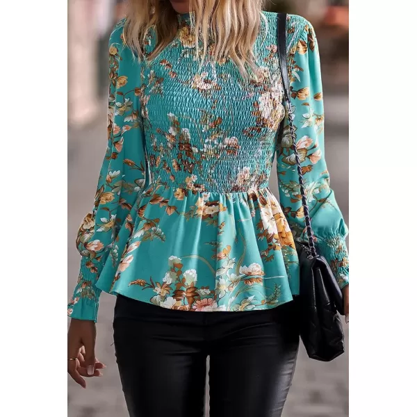 imagechouyatou Womens Floral Printed Puff Long Sleeve Flounce Boho Smocked Blouse TopsBlue