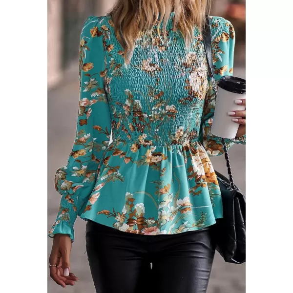 imagechouyatou Womens Floral Printed Puff Long Sleeve Flounce Boho Smocked Blouse TopsBlue