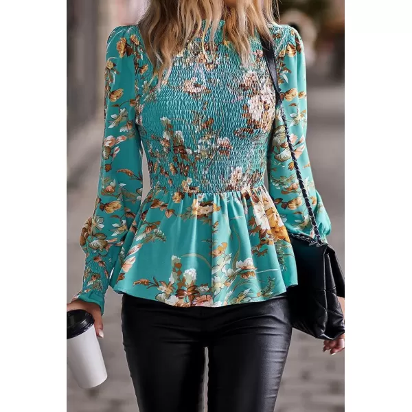 imagechouyatou Womens Floral Printed Puff Long Sleeve Flounce Boho Smocked Blouse TopsBlue
