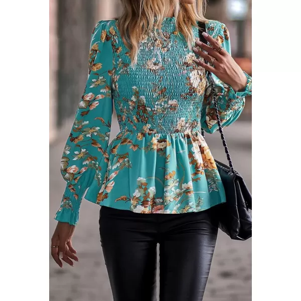 imagechouyatou Womens Floral Printed Puff Long Sleeve Flounce Boho Smocked Blouse TopsBlue