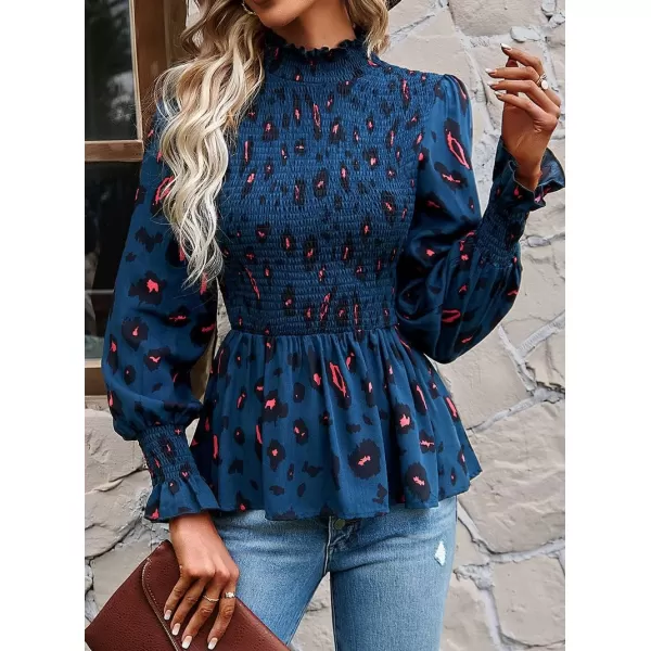 imagechouyatou Womens Floral Printed Puff Long Sleeve Flounce Boho Smocked Blouse TopsDark Blue