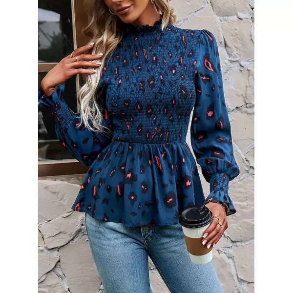 imagechouyatou Womens Floral Printed Puff Long Sleeve Flounce Boho Smocked Blouse TopsDark Blue
