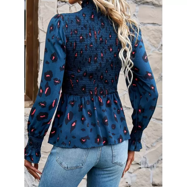 imagechouyatou Womens Floral Printed Puff Long Sleeve Flounce Boho Smocked Blouse TopsDark Blue