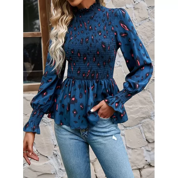 imagechouyatou Womens Floral Printed Puff Long Sleeve Flounce Boho Smocked Blouse TopsDark Blue