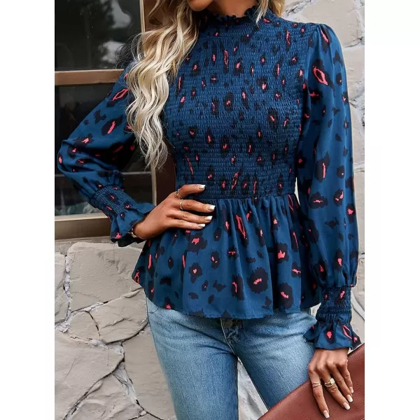 imagechouyatou Womens Floral Printed Puff Long Sleeve Flounce Boho Smocked Blouse TopsDark Blue