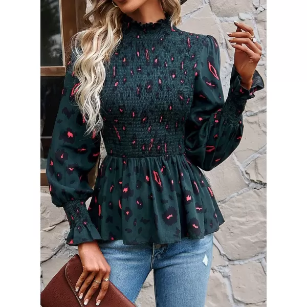 imagechouyatou Womens Floral Printed Puff Long Sleeve Flounce Boho Smocked Blouse TopsDark Green