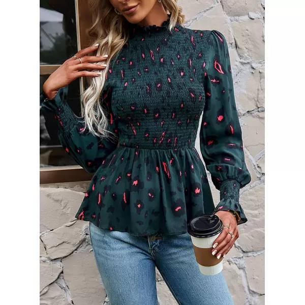 imagechouyatou Womens Floral Printed Puff Long Sleeve Flounce Boho Smocked Blouse TopsDark Green