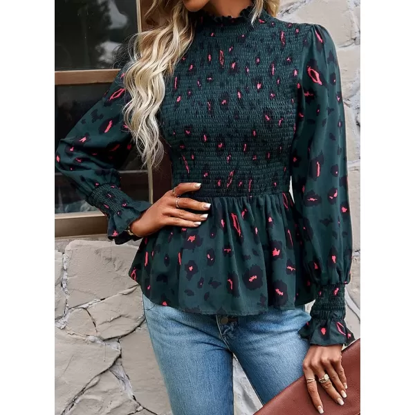 imagechouyatou Womens Floral Printed Puff Long Sleeve Flounce Boho Smocked Blouse TopsDark Green