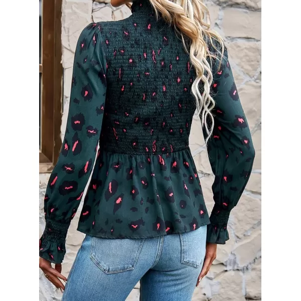 imagechouyatou Womens Floral Printed Puff Long Sleeve Flounce Boho Smocked Blouse TopsDark Green
