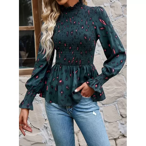 imagechouyatou Womens Floral Printed Puff Long Sleeve Flounce Boho Smocked Blouse TopsDark Green