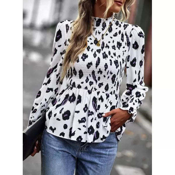 imagechouyatou Womens Floral Printed Puff Long Sleeve Flounce Boho Smocked Blouse TopsWhite